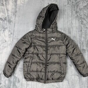 Puma Kids Black Puffer Jacket Hooded‎ Full Zip Fleece Lined Logo Size S 8 9819
